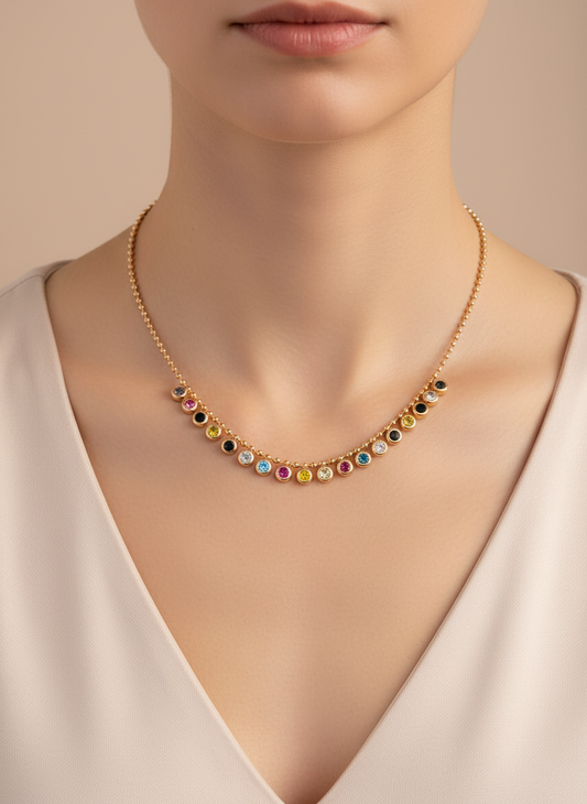 Gold Multi-Color Bezel Station Necklace
