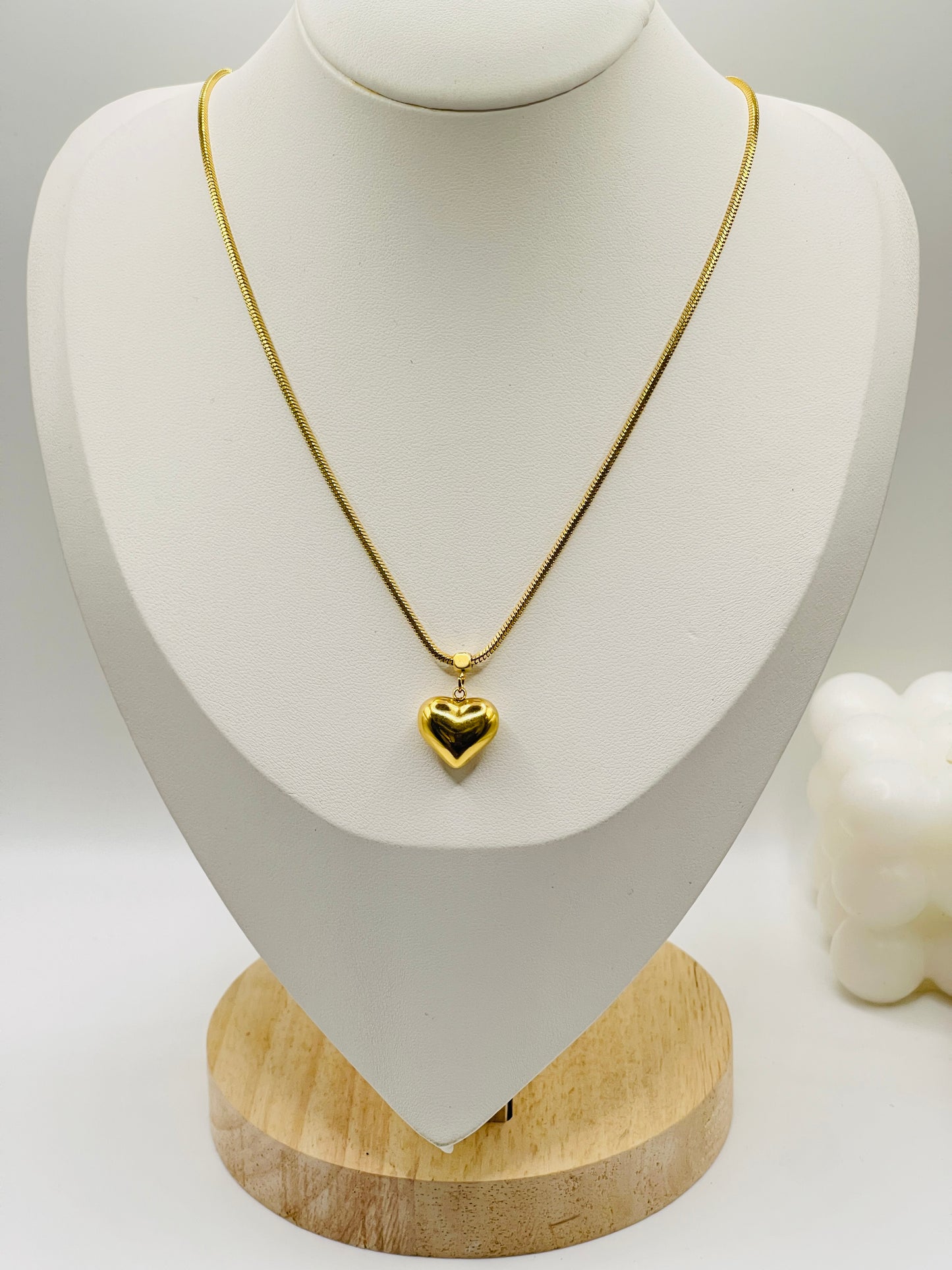 Gold Puffy Heart Charm Necklace