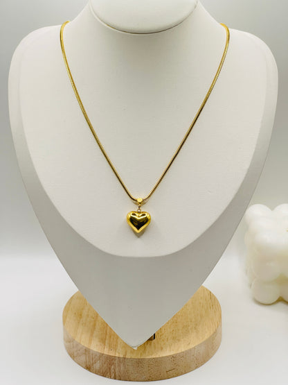 Gold Puffy Heart Charm Necklace