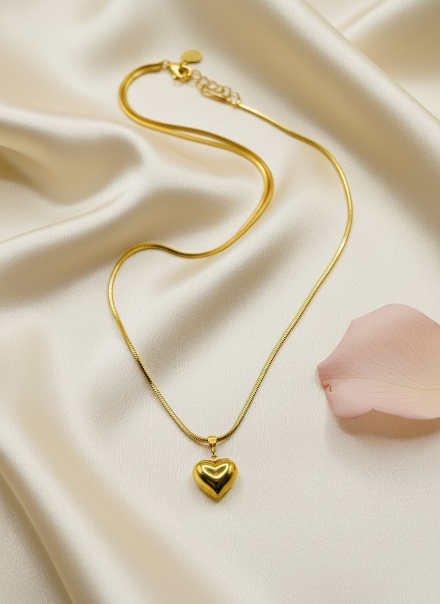 Gold Puffy Heart Charm Necklace