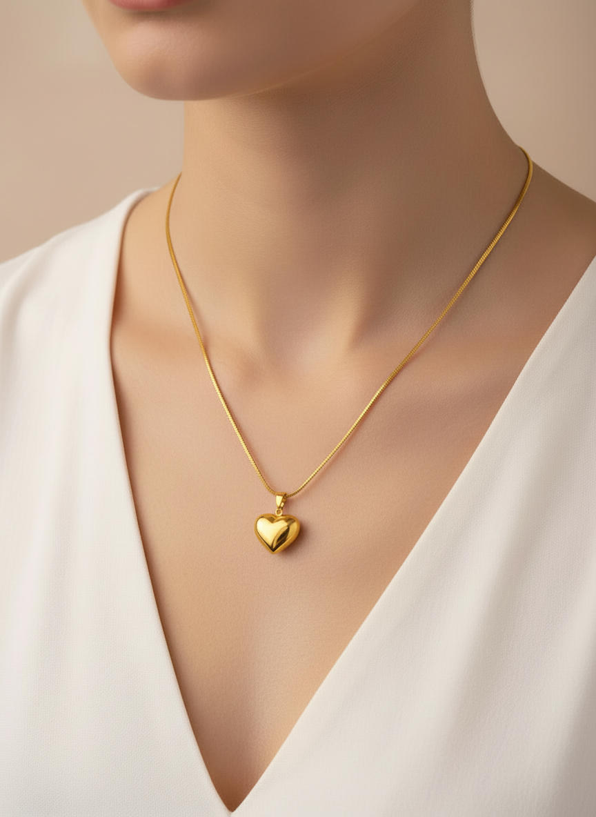 Gold Puffy Heart Charm Necklace