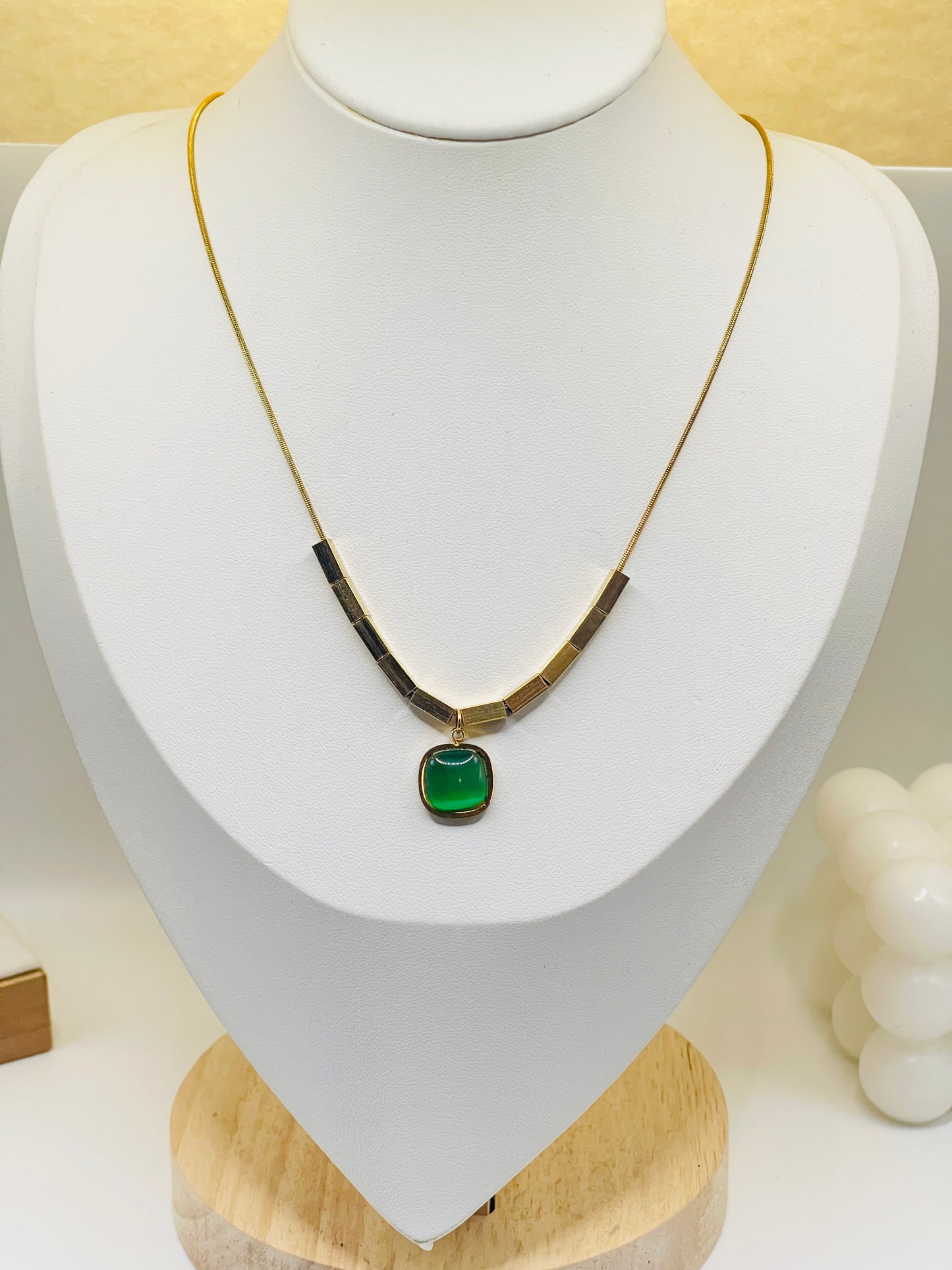 Gold Cube Bead Green Gemstone Necklace