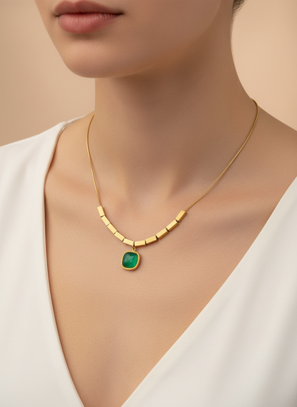Gold Cube Bead Green Gemstone Necklace