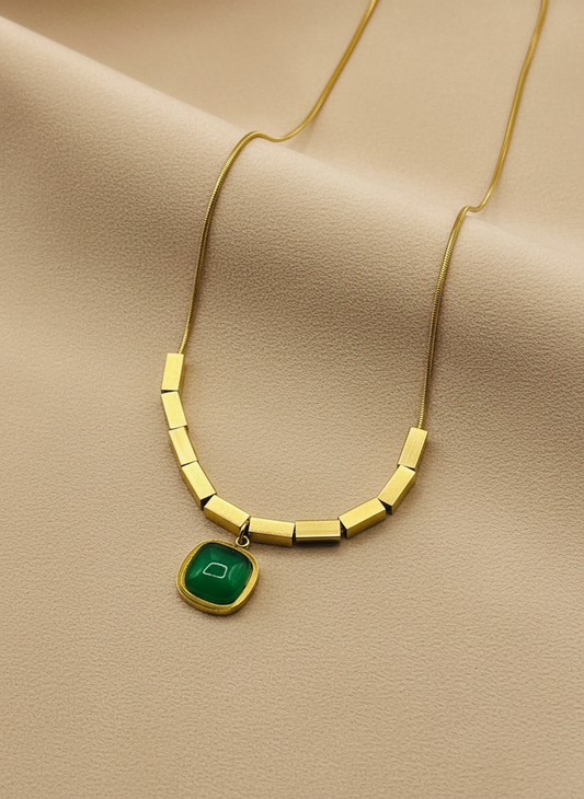 Gold Cube Bead Green Gemstone Necklace