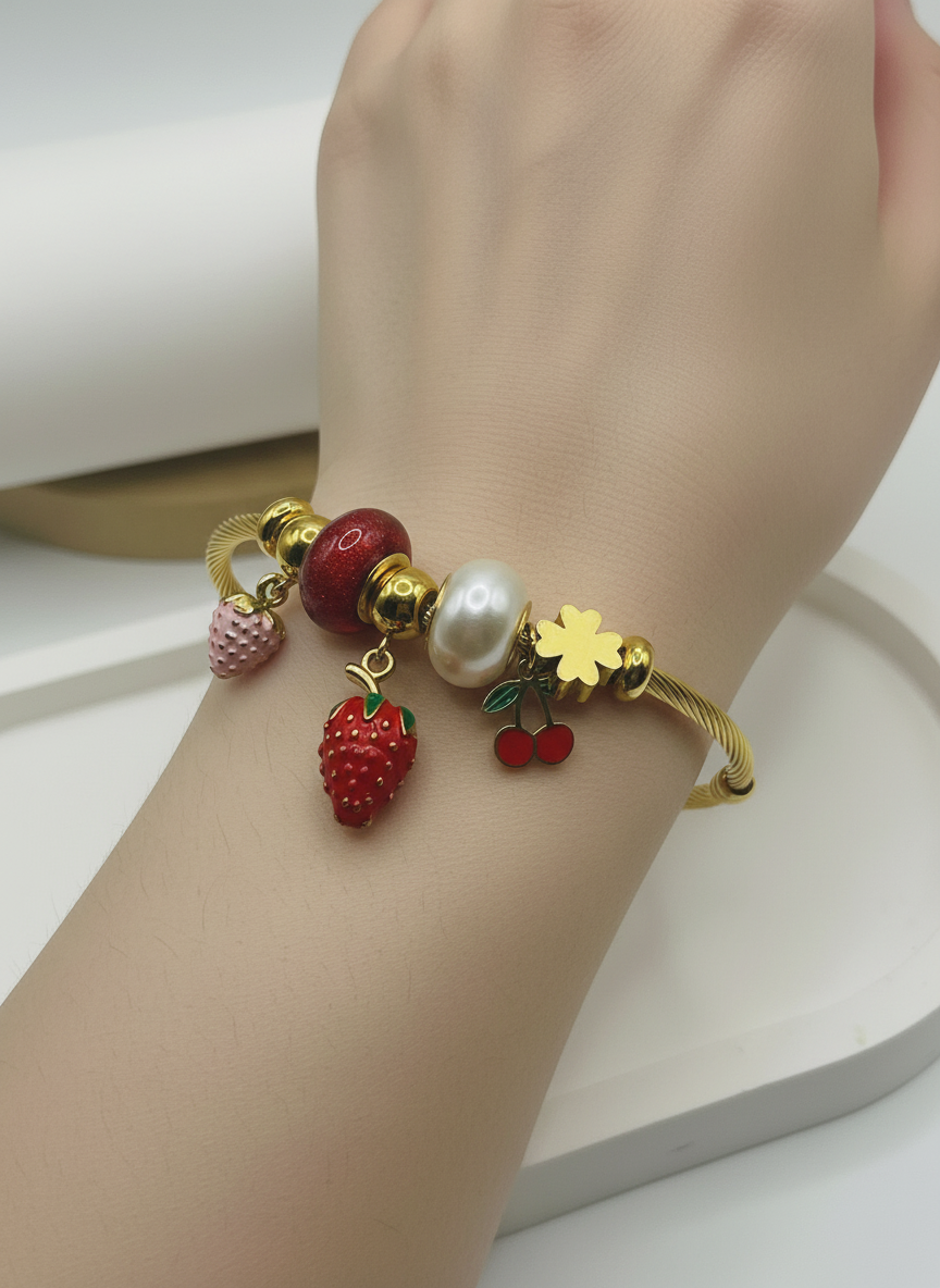 Gold Fruit Charm Coiled Bangle