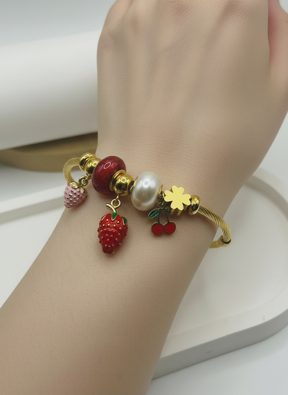 Gold Fruit Charm Coiled Bangle