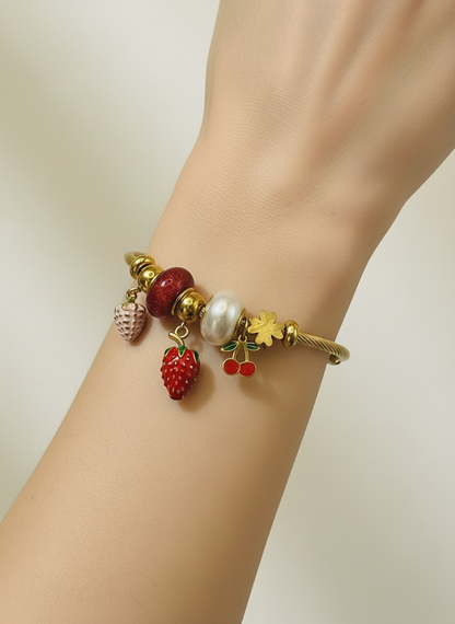 Gold Fruit Charm Coiled Bangle