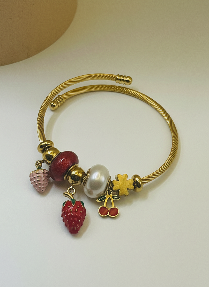 Gold Fruit Charm Coiled Bangle