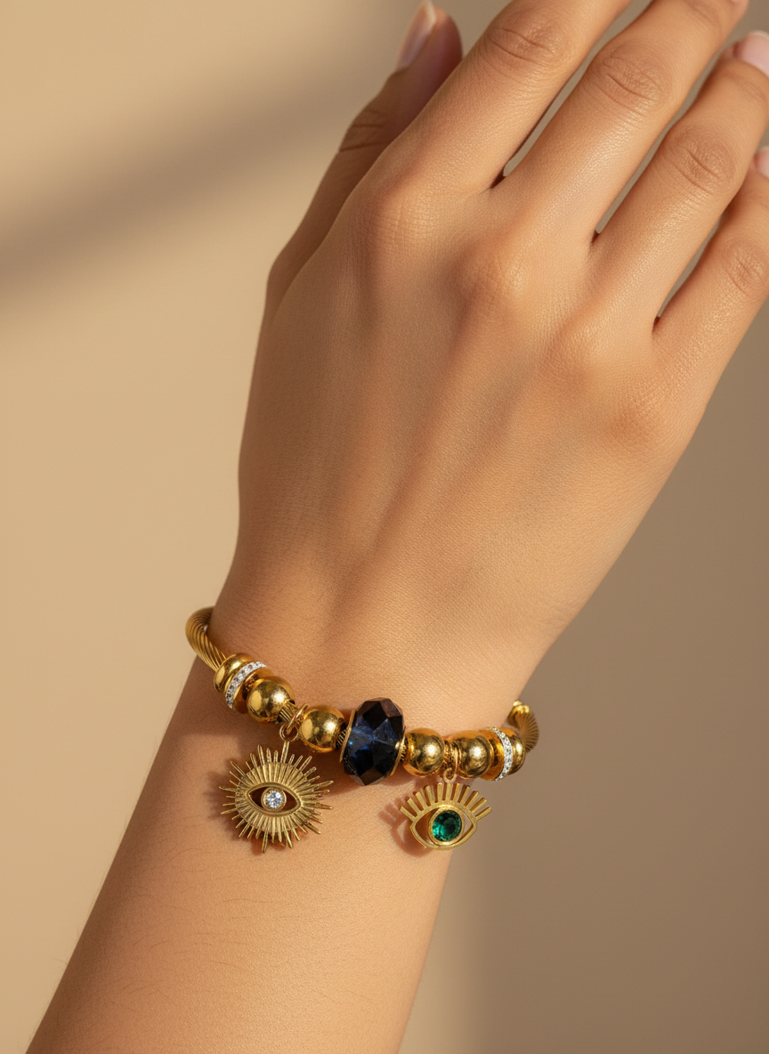 Gold Evil Eye Charm Coiled Bangle