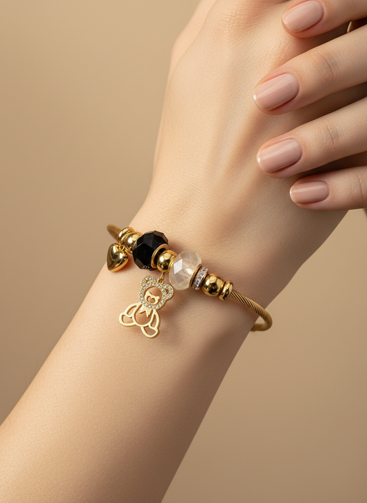 Gold Teddy Bear Charm Coiled Bangle