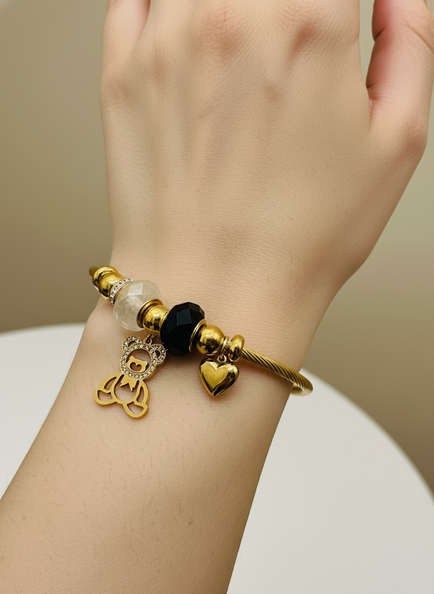Gold Teddy Bear Charm Coiled Bangle