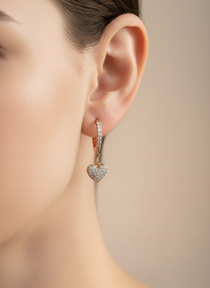 Gold Pave Heart Drop Huggie Earrings
