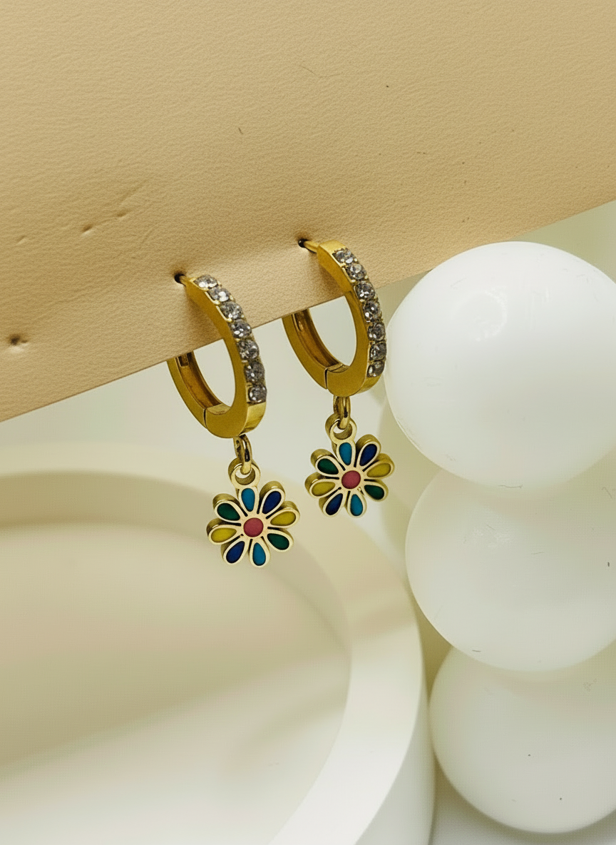 Gold Colorful Flower Dangle Hoops