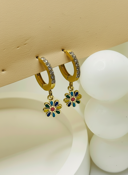 Gold Colorful Flower Dangle Hoops