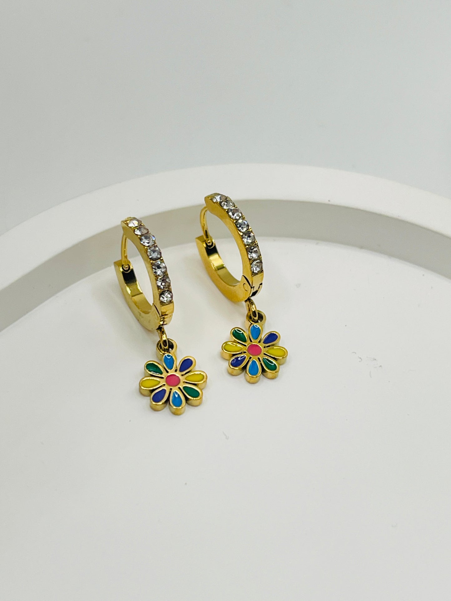 Gold Colorful Flower Dangle Hoops