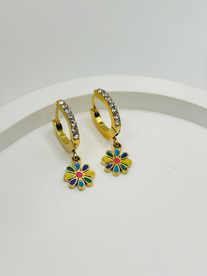 Gold Colorful Flower Dangle Hoops