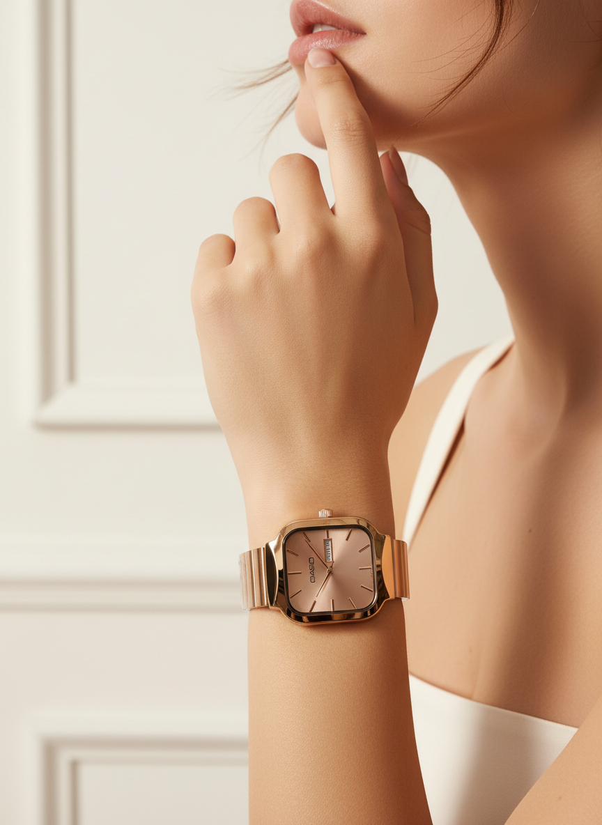 Rose Gold Square-Round Link Bracelet Watch