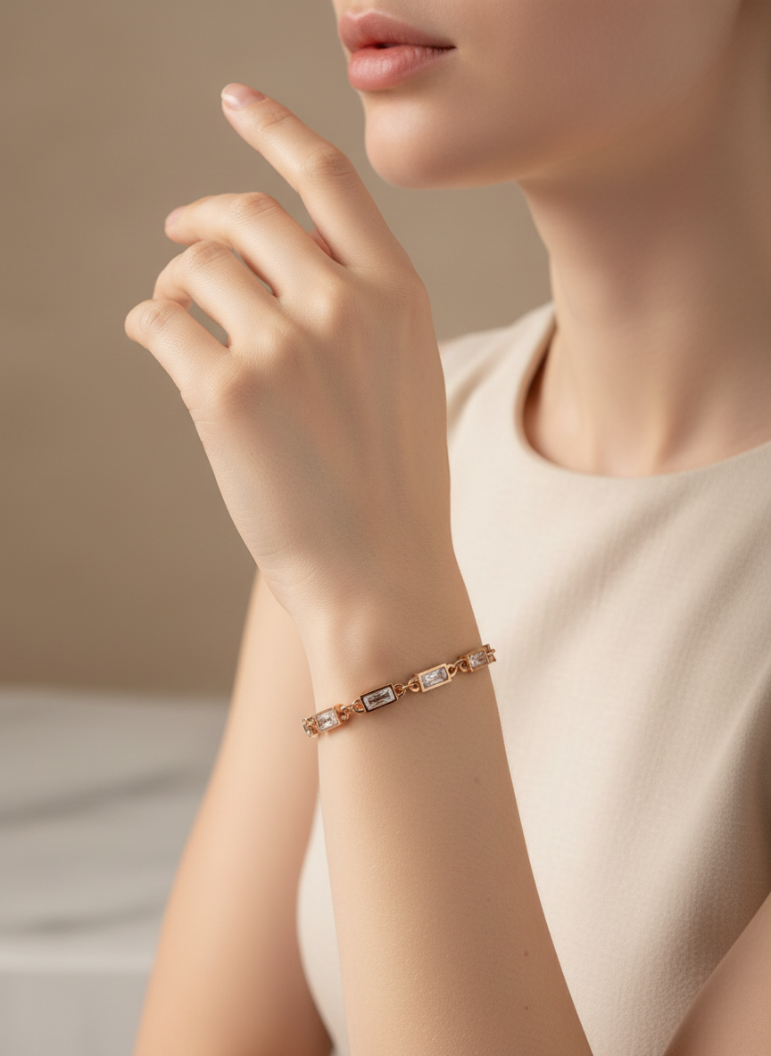 Rose Gold Baguette Station Chain Bracelet