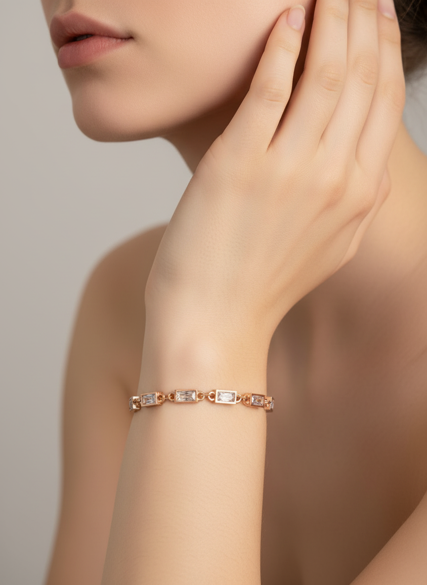 Rose Gold Baguette Station Chain Bracelet