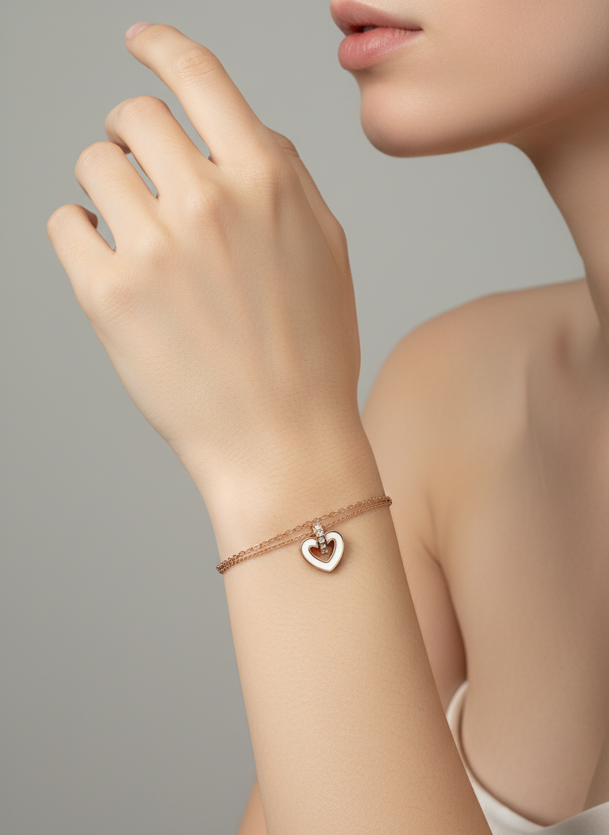 Rose Gold Heart Dangle Layered Bracelet