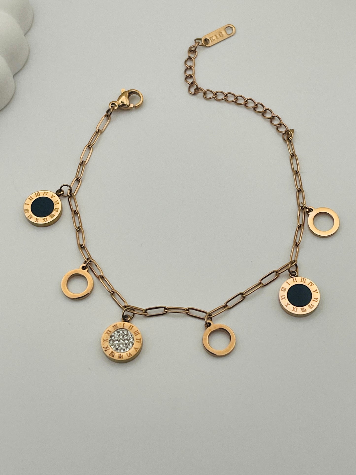 Rose Gold Roman Numeral and Circle Charm Bracelet