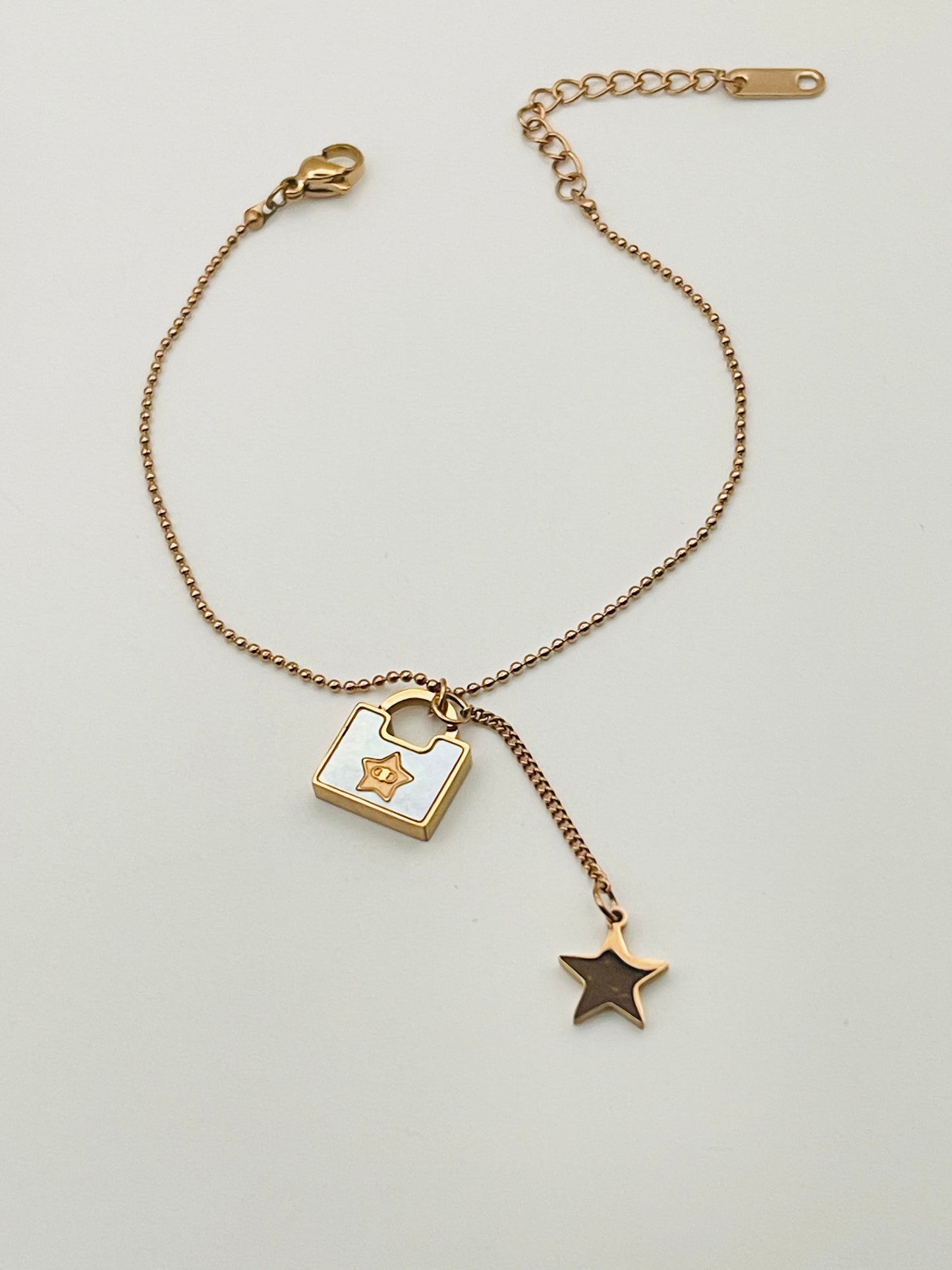 Rose Gold Star and Lock Dangle Bracelet