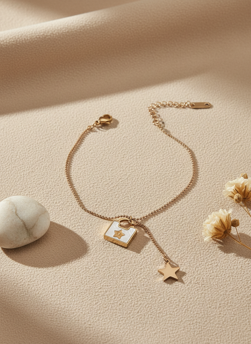 Rose Gold bracelet with star and square charm on a beige surface with flowers and a stone.