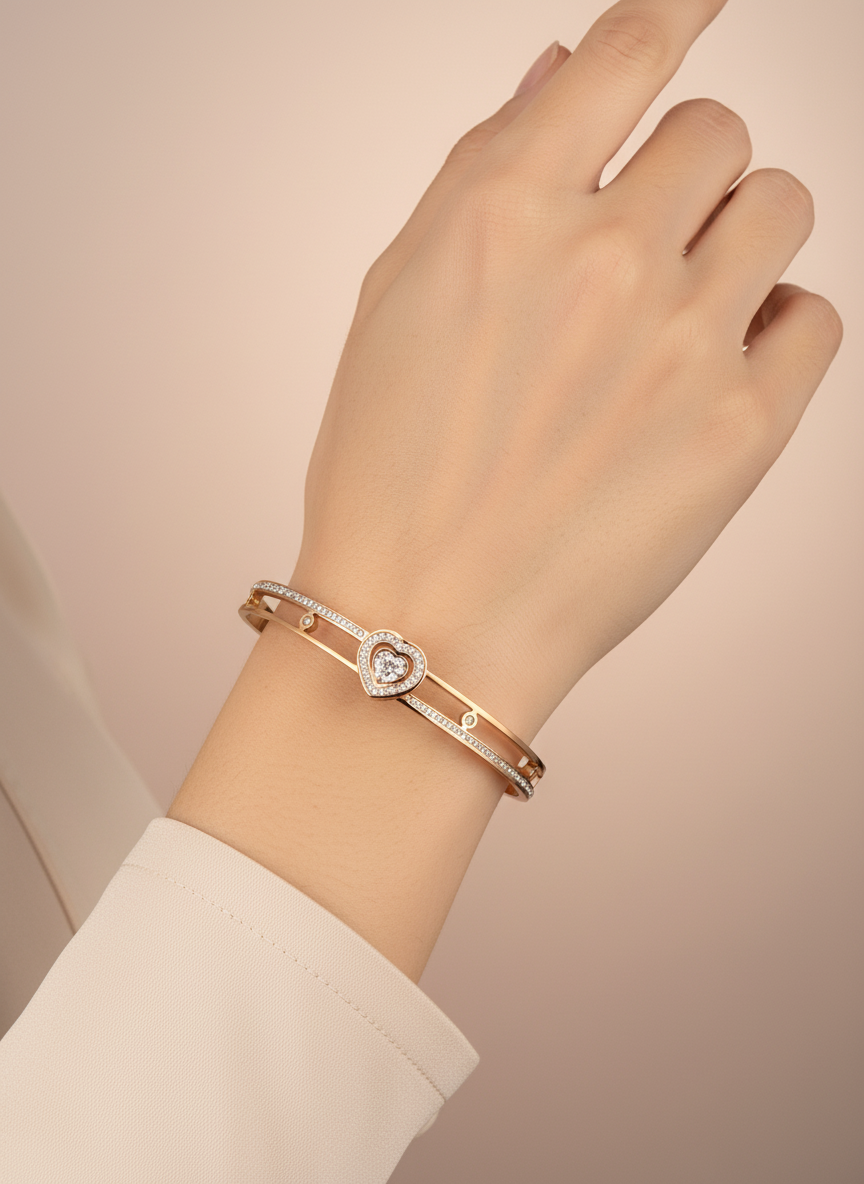 Rose Gold Double-Band Heart Bangle