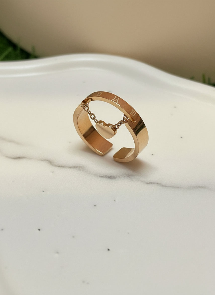 Rose Gold Floating Heart Roman Numeral Ring