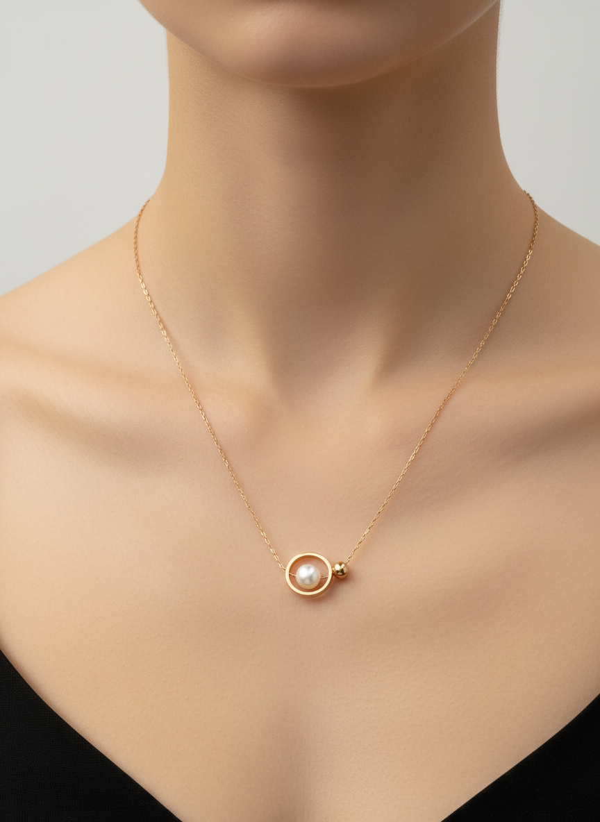 Rose Gold Pearl Orbit Necklace