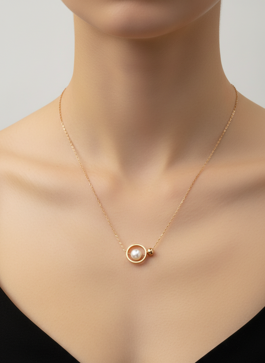 Rose Gold Pearl Orbit Necklace