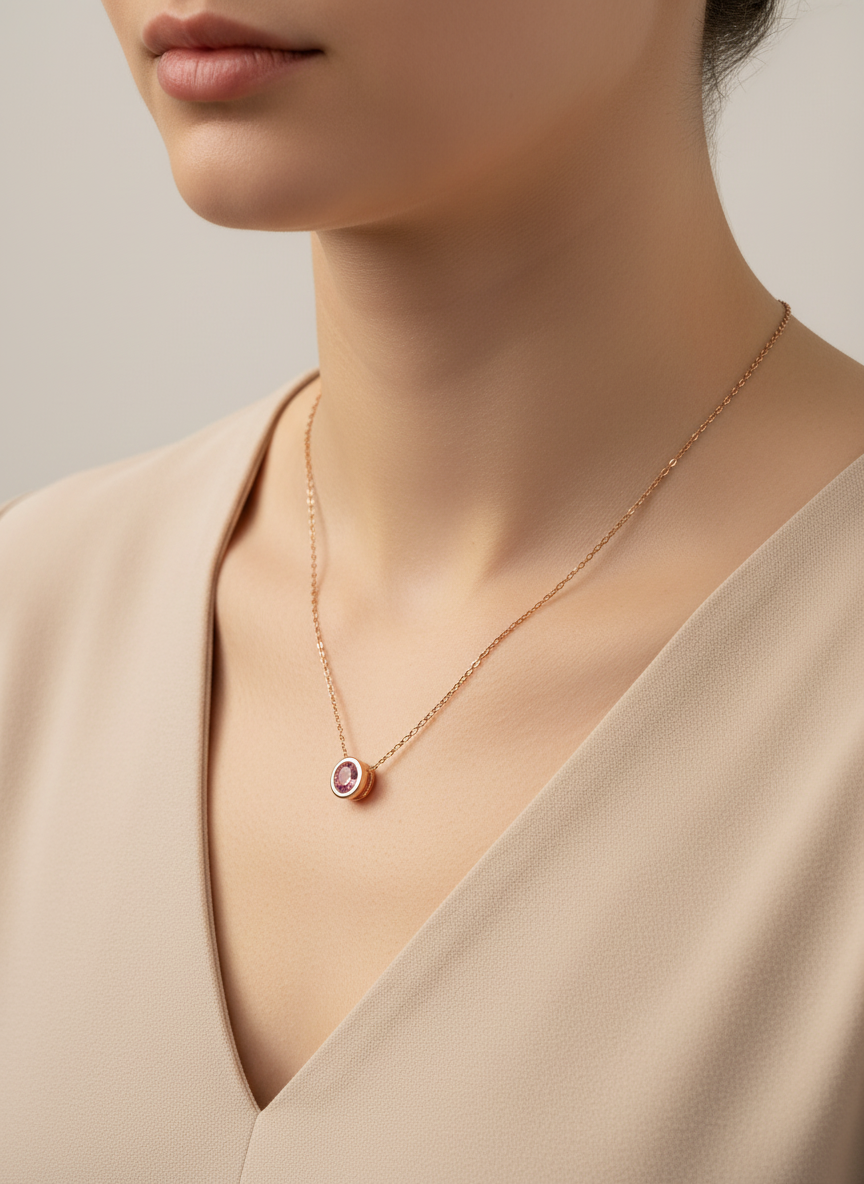 Rose Gold Round Bezel Solitaire Necklace