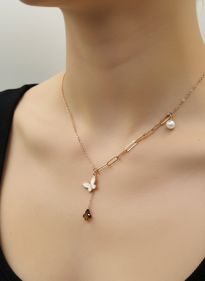 Rose Gold Butterfly Y-Lariat Necklace