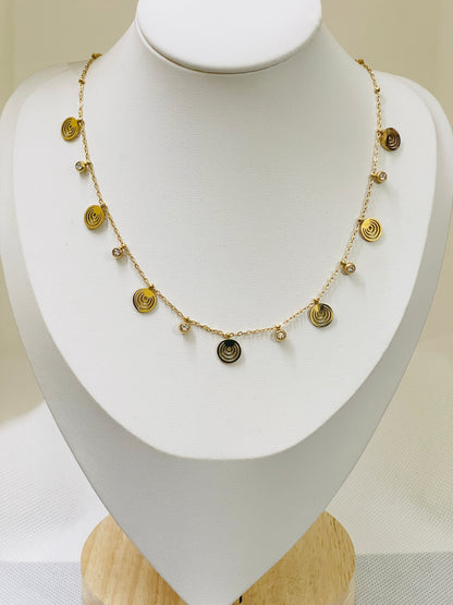 Gold Spiral Disc & Charm Necklace