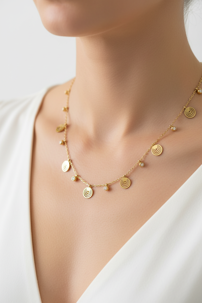 Gold Spiral Disc & Charm Necklace