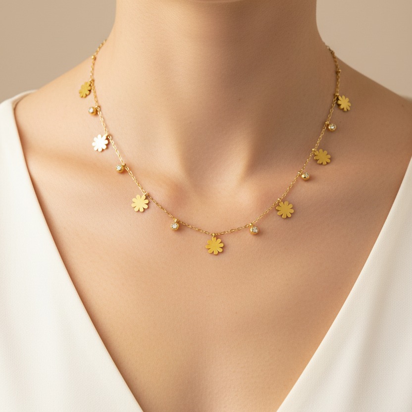 Gold Daisy Flower Charm Necklace
