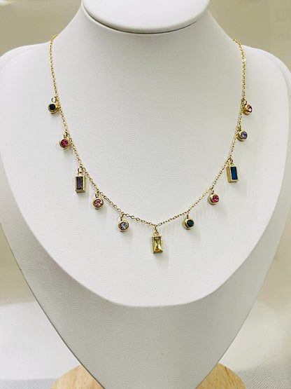 Rainbow Gemstone Charm Necklace - Gold