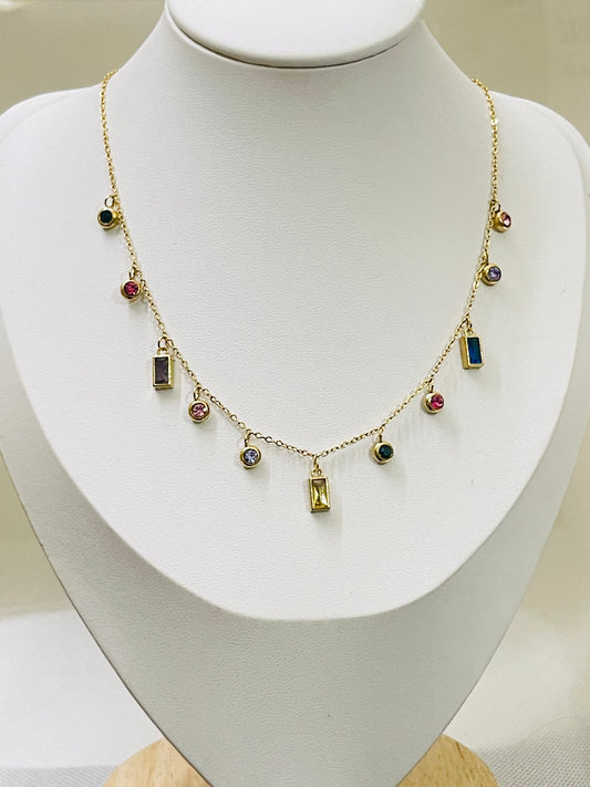 Rainbow Gemstone Charm Necklace - Gold