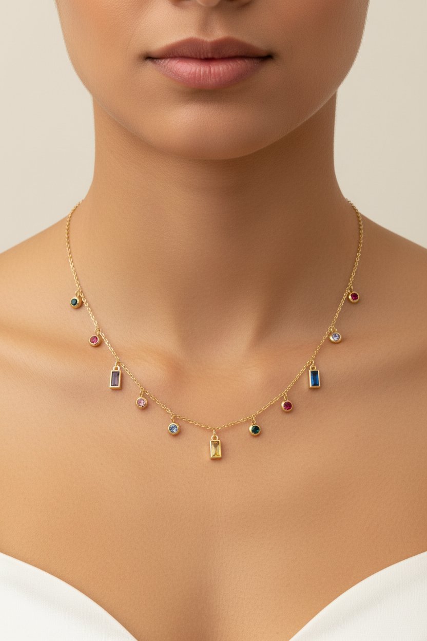Rainbow Gemstone Charm Necklace - Gold