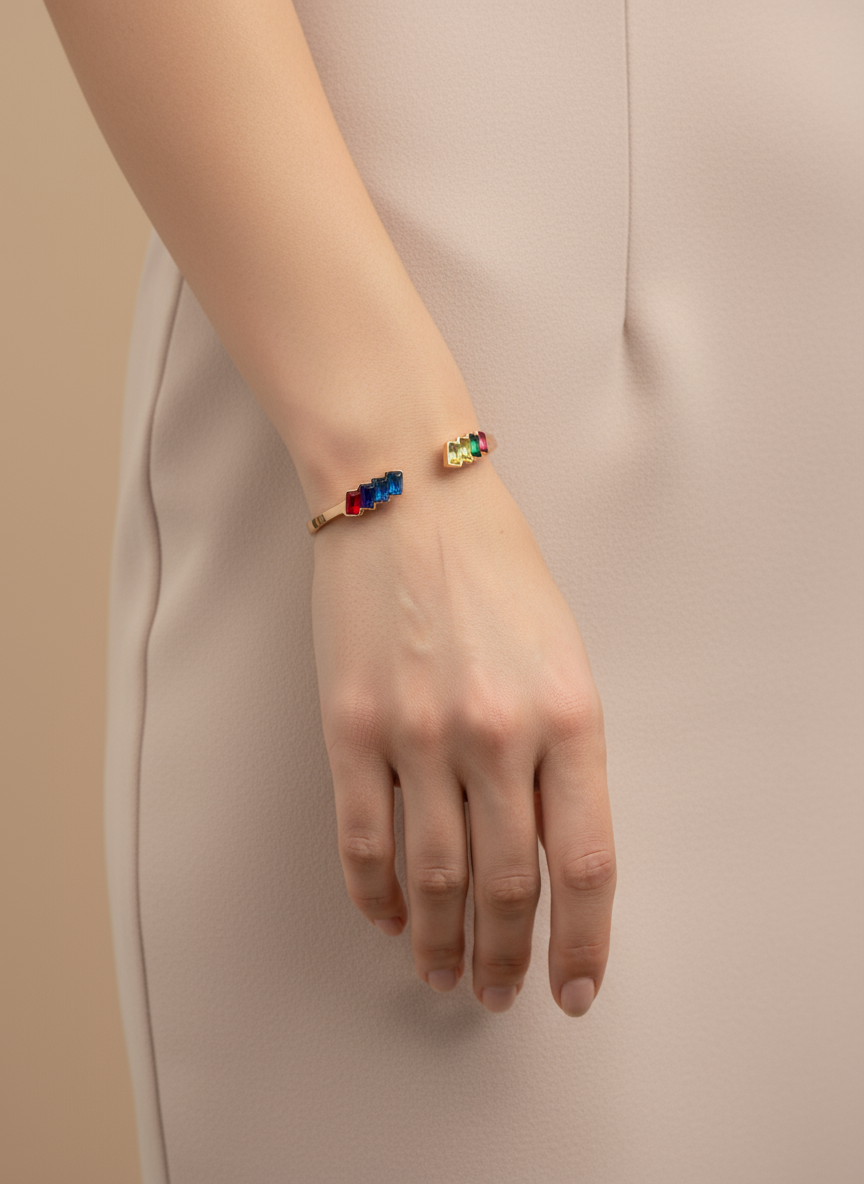 Rainbow Cuff Bangle- Rose Gold