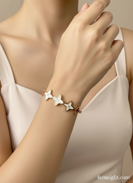 Rose Gold Mother-of-Pearl Flower Bangle