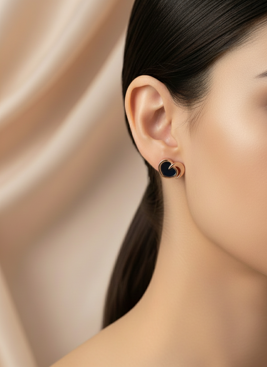 Rose Gold Half-Heart Black Stud Earrings