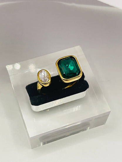 Dual Stone Emerald Crystal Adjustable Ring - Gold Open Band