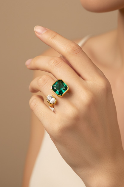 Dual Stone Emerald Crystal Adjustable Ring - Gold Open Band