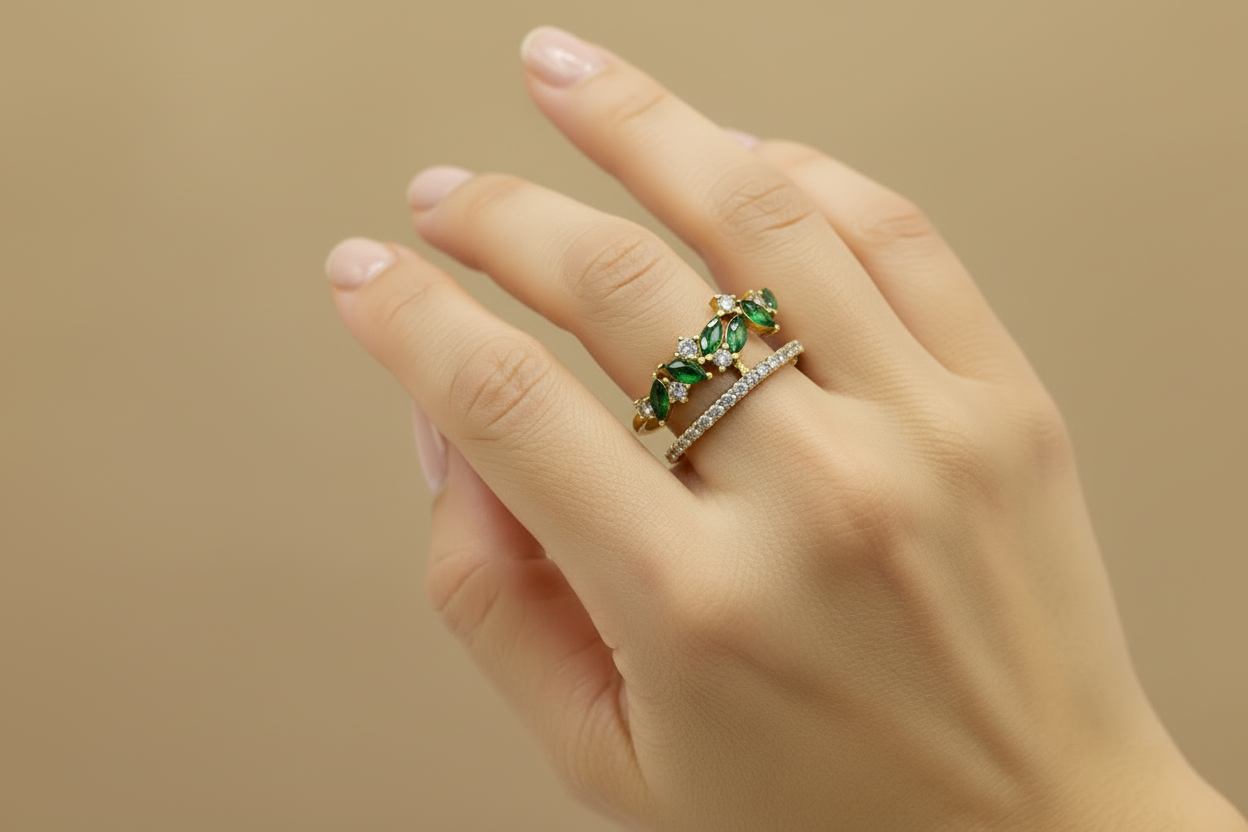 Emerald Crown Crystal Adjustable Ring - Gold