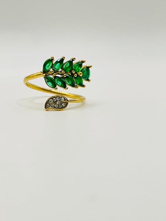 Emerald Leaf Crystal Ring Set - Gold Adjustable