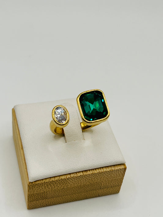 Dual Stone Emerald Crystal Adjustable Ring - Gold Open Band