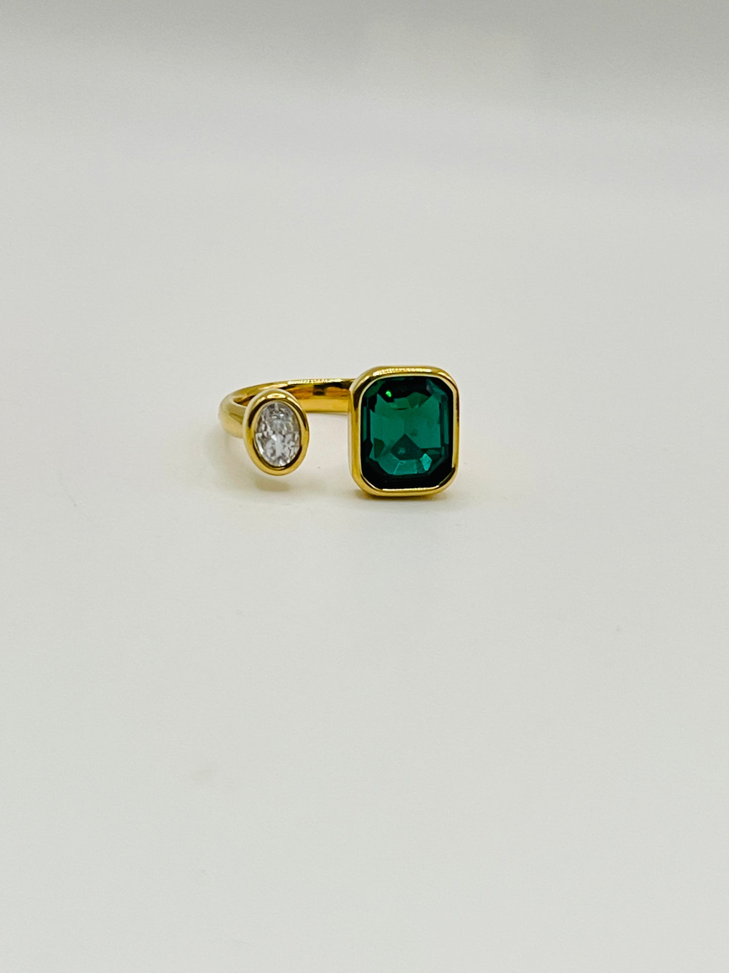 Dual Stone Emerald Crystal Adjustable Ring - Gold Open Band