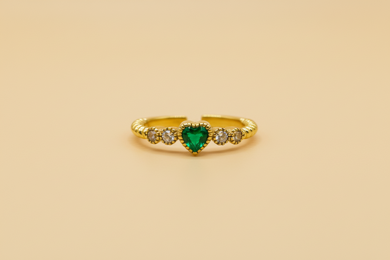Pavé Heart Adjustable Ring - Gold Beaded Band