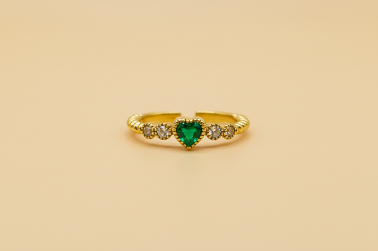 Pavé Heart Adjustable Ring - Gold Beaded Band